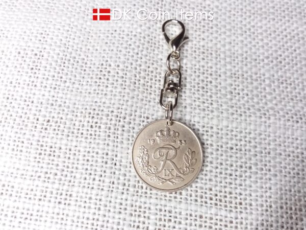 Denmark 1953 coin charm with 71 year old Crown R initial 25 ore as coin pendant