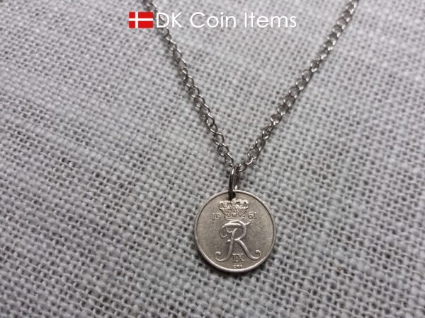 Denmark 1961 coin necklace with 63 year old Crown R initial 10 ore as coin pendant. 63rd birthday gift. Danish vintage souvenir