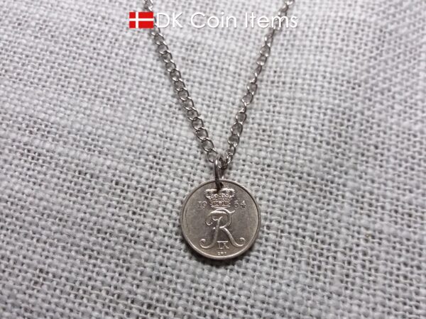 Denmark 1964 coin necklace with 60 year old Crown R initial 10 ore as coin pendant. 60th birthday gift. Danish vintage souvenir