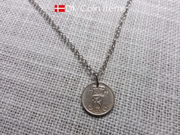 Denmark 1966 coin necklace with 58 year old Crown R initial 10 ore as coin pendant. 58th birthday gift. Danish vintage souvenir