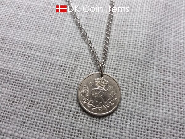 Denmark 1957 coin necklace with 67 year old Crown R initial 25 ore as coin pendant. 67th birthday gift. Danish vintage souvenir