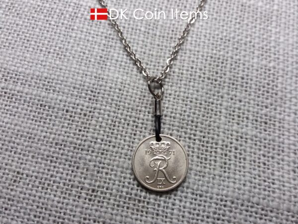 Denmark 1971 coin necklace with 53 year old Crown R initial 10 ore as coin pendant. 53rd birthday gift. Danish vintage souvenir