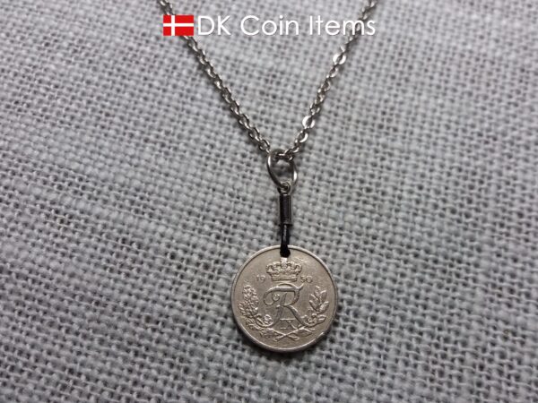 Denmark 1950 coin necklace with 74 year old Crown R initial 10 ore as coin pendant. 74th birthday gift. Danish vintage souvenir