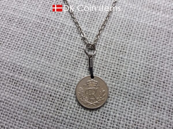 Denmark 1951 coin necklace with 73 year old Crown R initial 10 ore as coin pendant. 73rd birthday gift. Danish vintage souvenir