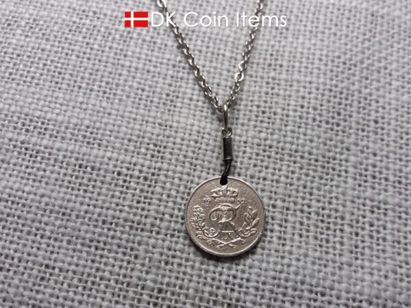 Denmark 1952 coin necklace with 72 year old Crown R initial 10 ore as coin pendant. 72nd birthday gift. Danish vintage souvenir