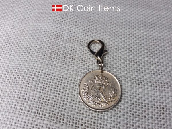 Denmark 1953 coin charm. 71 year old Danish 25 ore with Crown R initial as coin pendant