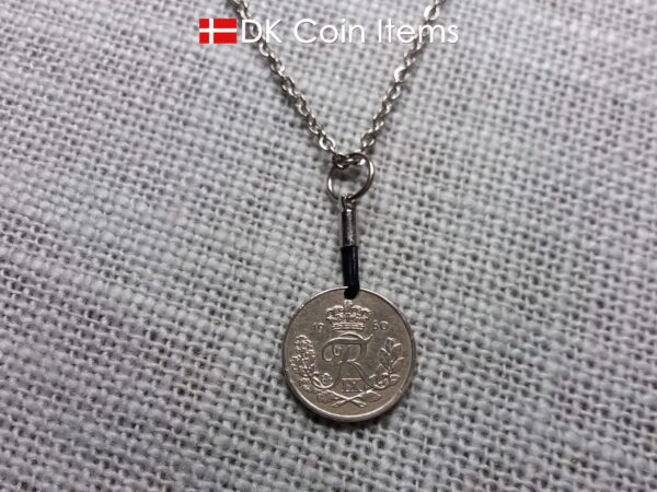 Denmark 1960 coin necklace with 64 year old Crown R initial 10 ore as coin pendant. 64th birthday gift. Danish vintage souvenir