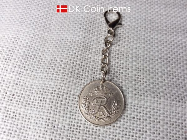 Denmark 1953 coin charm. 71 year old coin pendant. Danish 25 ore with Crown R initial