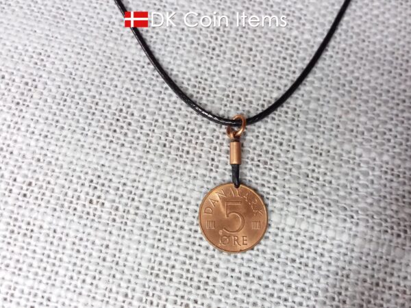 Denmark 1973 coin necklace. 51 year old coin pendant. Initial M 5 ore. 51st birthday gift. 5th anniversary gift. Danish vintage souvenir.