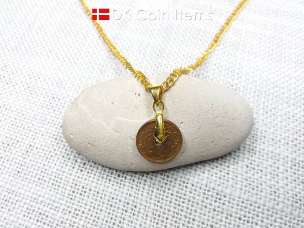 Denmark 1935 coin necklace with 89 year old Crown C initial Copper 1 ore as coin pendant