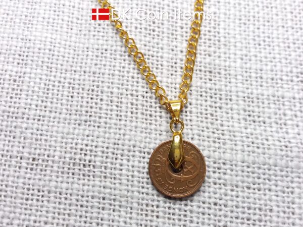 Denmark 1929 coin necklace. 95 year old coin pendant. Copper 1 ore with Crown C initial