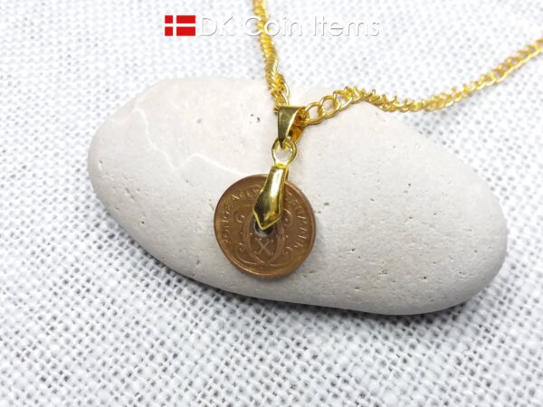 Denmark 1935 coin necklace with 89 year old Crown C initial Copper 1 ore as coin pendant