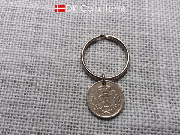 Denmark 1949 coin keychain with 75 year old Crown R initial 10 ore as coin pendant. 75th birthday gift. Danish vintage souvenir