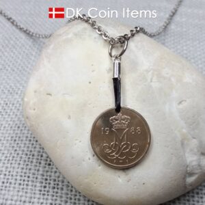 Denmark 1988 coin necklace with 36 year old Crown M initial 10 ore as coin pendant. 36th birthday gift. Danish vintage souvenir