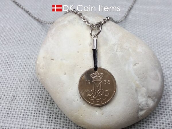 Denmark 1988 coin necklace with 36 year old Crown M initial 10 ore as coin pendant. 36th birthday gift. Danish vintage souvenir