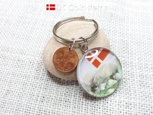 Denmark 1973 coin keychain with 51 year old Crown M 5 ore coin and Stone Age Dolmen painting pendant. Danish vintage souvenir gift