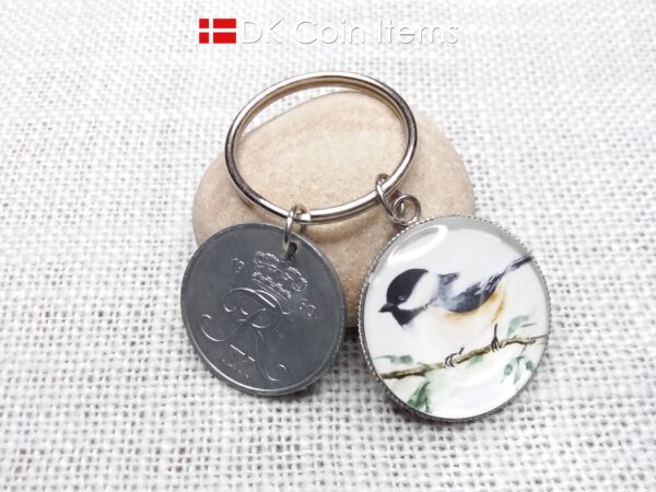 Denmark 1960 coin keychain with 64 year old Crown R initial 5 ore coin and Black-Capped Chickadee painting pendant. Danish vintage souvenir