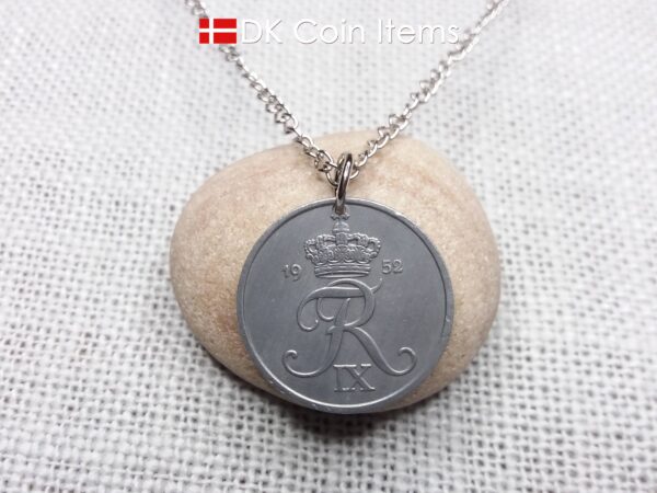 Denmark 1952 Crown R initial coin necklace with 72 year old 5 ore as coin pendant. Unique 72nd birthday gift or Danish vintage souvenir