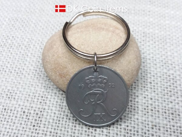 Denmark 1952 Crown R initial coin keychain with 72 year old 5 ore as coin pendant. Unique 72nd birthday gift or Danish vintage souvenir