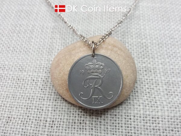 Denmark 1957 Crown R initial coin necklace with 67 year old 5 ore as coin pendant. Unique 67th birthday gift or Danish vintage souvenir