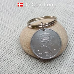 Denmark 1957 Crown R initial coin keychain with 67 year old 5 ore as coin pendant. Unique 67th birthday gift or Danish vintage souvenir