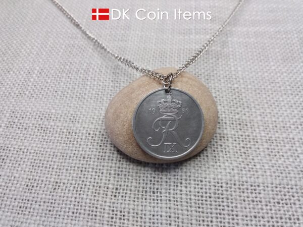 Denmark 1958 Crown R initial coin necklace with 66 year old 5 ore as coin pendant. Unique 66th birthday gift or Danish vintage souvenir