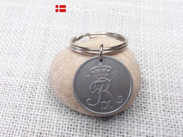 Denmark 1959 Crown R initial coin keychain with 65 year old 5 ore as coin pendant. Unique 65th birthday gift or Danish vintage souvenir