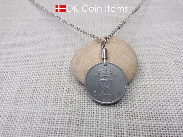 Denmark 1959 Crown R initial coin pendant necklace with 65 year old 5 ore. Unique 65th birthday, 5th anniversary or Danish souvenir gift