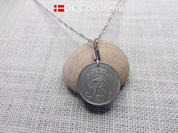 Denmark 1960 Crown R initial coin pendant necklace with 64 year old 5 ore. Unique 64th birthday, 5th anniversary or Danish souvenir gift