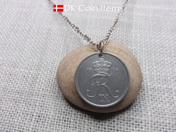 Denmark 1964 Crown R initial coin necklace with 60 year old 5 ore as coin pendant. Unique 60th birthday gift or Danish vintage souvenir