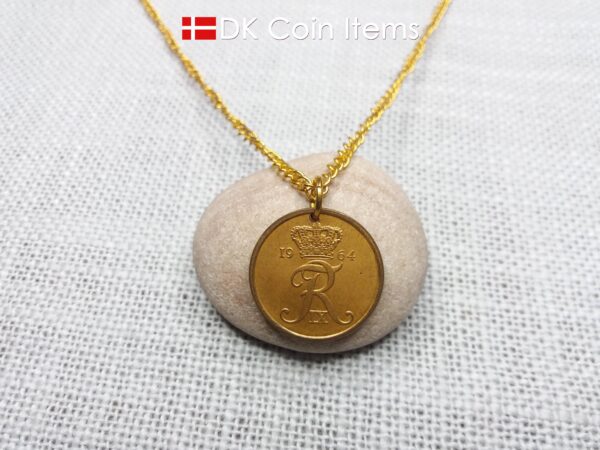 Denmark 1964 coin pendant necklace with Crown R initial. 60 year old 5 ore. 60th birthday gift or Danish vintage souvenir