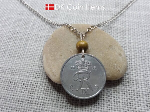 Denmark Crown R 1963 coin necklace with 61 year old 5 ore as coin pendant on greenish tree bead