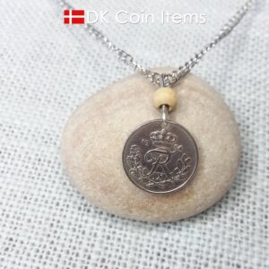 Denmark Crown R 1954 coin necklace with 70 year old 10 ore as coin pendant on wire with tree bead