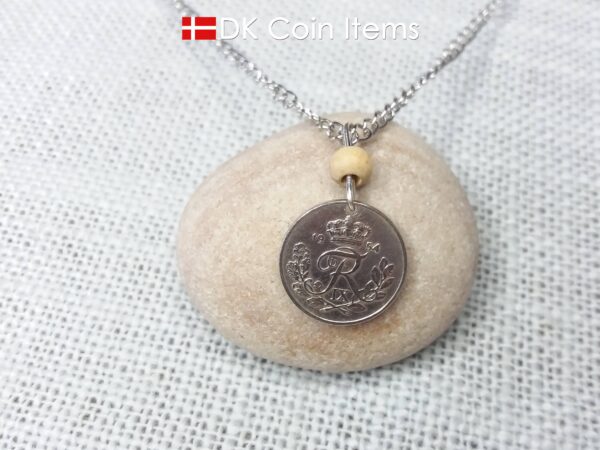 Denmark Crown R 1954 coin necklace with 70 year old 10 ore as coin pendant on wire with tree bead