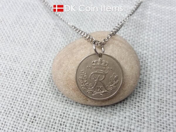 Danish coin pendant necklace with a 1953 Crown R-initial 25 øre. 71st birthday gift. Danish vintage souvenir