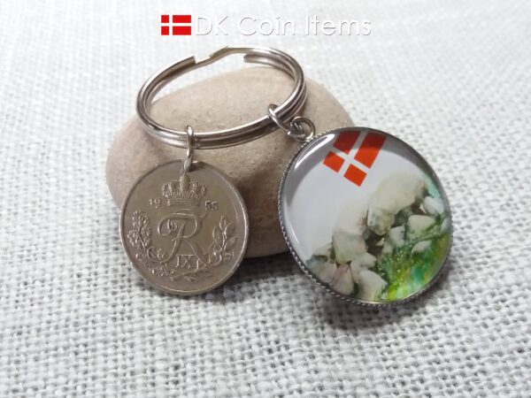 Denmark 1953 coin keychain with 71 year old Crown R-initial 25 ore coin and Stone Age Dolmen painting pendant. Danish vintage souvenir gift