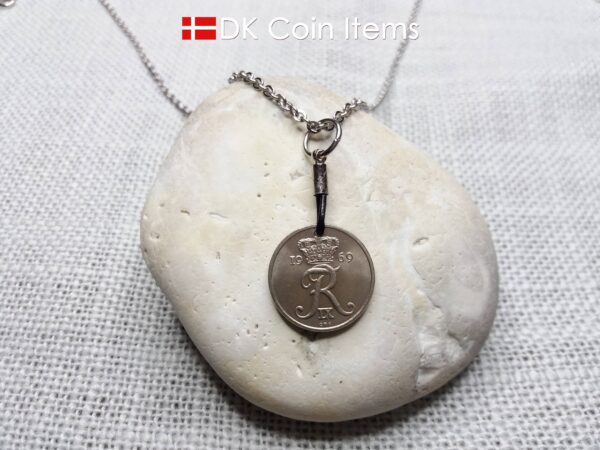 Denmark 1969 coin necklace. 55 year old Crown R initial 10 ore as coin pendant. 55th birthday gift. Danish vintage souvenir