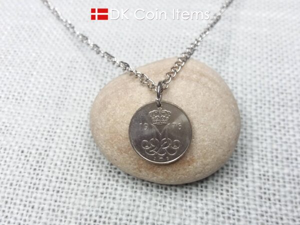 Denmark 1976 coin pendant necklace with 48 year old Crown M initial 10 ore. 48th birthday gift. Danish vintage souvenir