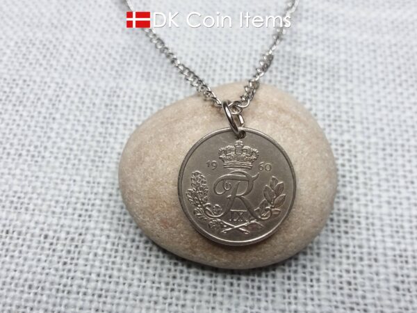 Danish coin pendant necklace with a 1956 Crown R-initial 25 ore. 68th birthday gift. Danish vintage souvenir