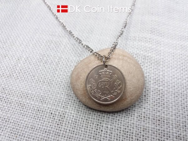 Danish coin pendant necklace with a 1956 Crown R-initial 25 ore. 68th birthday gift. Danish vintage souvenir