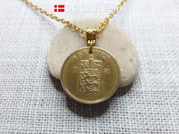 Denmark 1951 coin necklace with 73 year old golden Crown Coat of Arms 2 kroner as coin pendant. 73rd birthday gift. Danish vintage souvenir