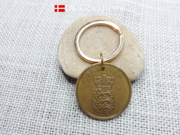 Denmark 1951 coin keychain with 73 year old golden Crown Coat of Arms 2 kroner as coin pendant. 73rd birthday gift. Danish vintage souvenir