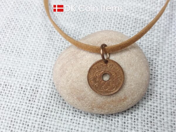 Denmark 1939 Crown C-initial coin pendant necklace with 85 year old copper 1 ore. 85th birthday gift. Antique Danish vintage souvenir gift