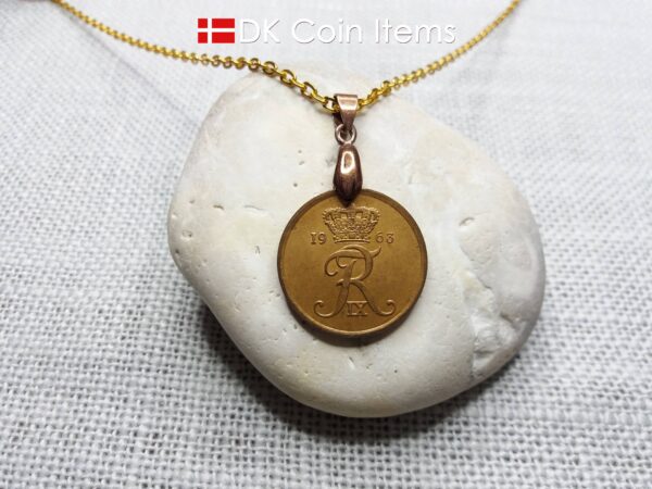 Denmark 1963 coin necklace with 61 year old Crown R initial 5 ore as coin pendant. 61st birthday gift. Danish vintage souvenir