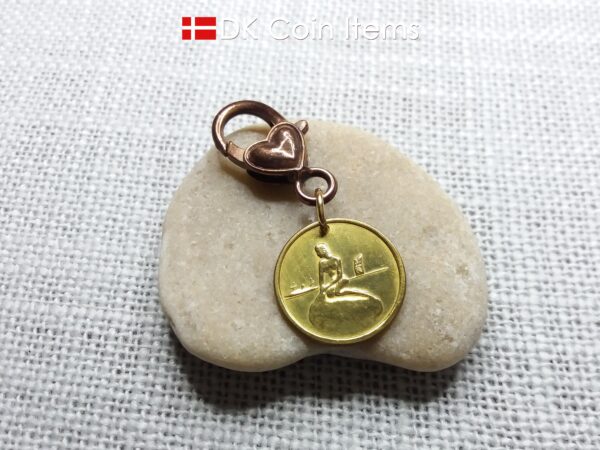 Denmark Little Mermaid charm - Copenhagen vintage 1960s fare token - The Little Mermaid statue - Danish fairy tale souvenir with heart clip