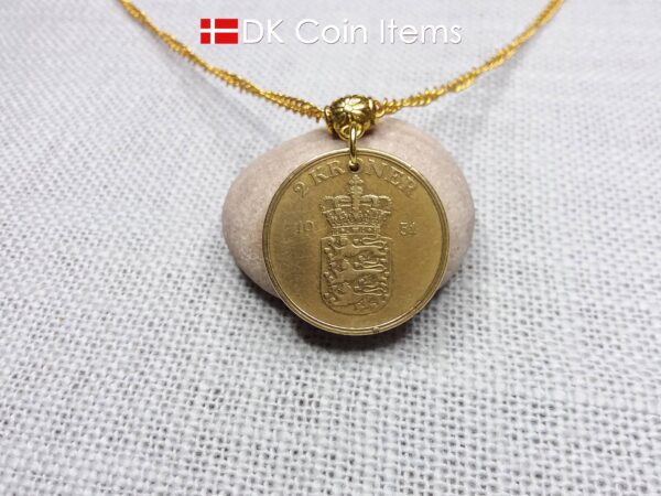 Denmark 1951 Crown Coat of Arms coin necklace with 73 year old golden 2 kroner as coin pendant. 73rd birthday gift. Danish vintage souvenir