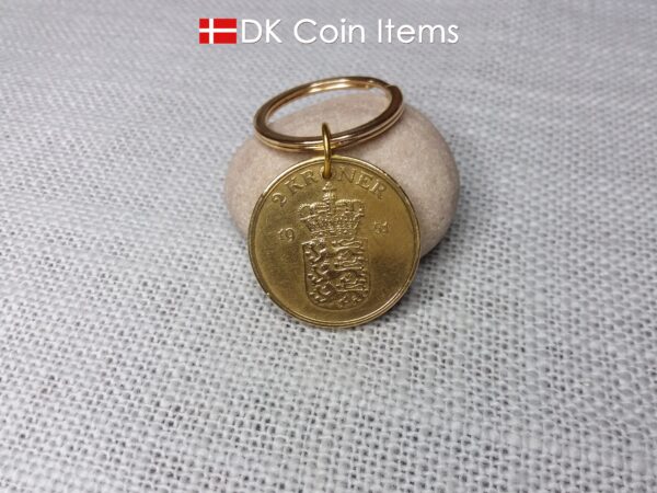 Denmark 1951 Crown Coat of Arms coin keychain with 73 year old golden 2 kroner as coin pendant. 73rd birthday gift. Danish vintage souvenir