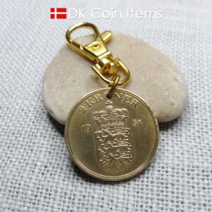 Denmark 1951 Crown Coat of Arms coin charm with 73 year old golden 2 kroner as coin pendant. 73rd birthday gift. Danish vintage souvenir