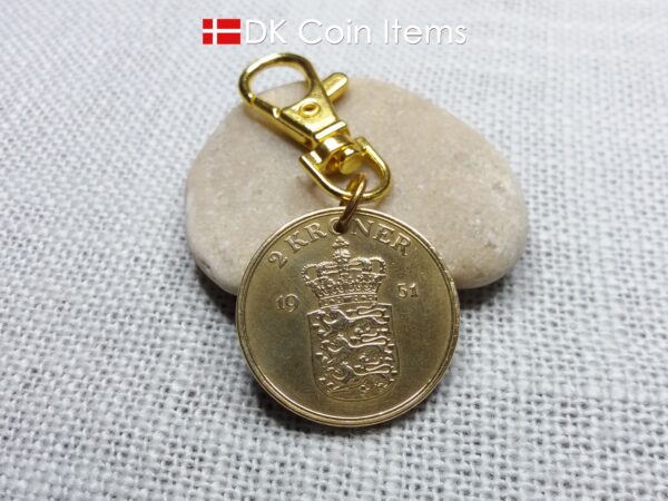 Denmark 1951 Crown Coat of Arms coin charm with 73 year old golden 2 kroner as coin pendant. 73rd birthday gift. Danish vintage souvenir