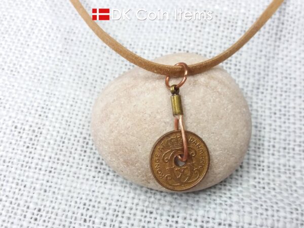 Denmark 1940 Crown C-initial coin necklace with 85 year old copper 1 ore as pendant. 84th birthday gift. Danish vintage souvenir gift